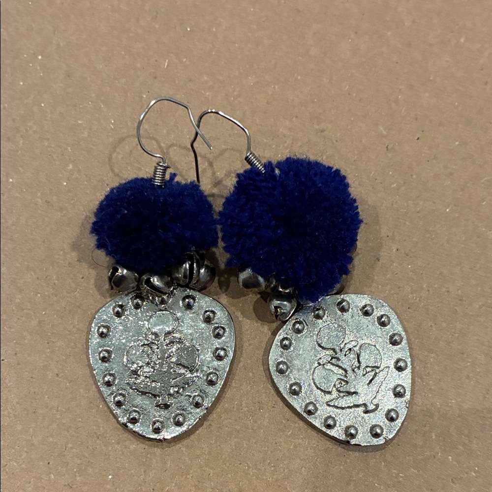 Silver and Blue Pom Pom Earrings